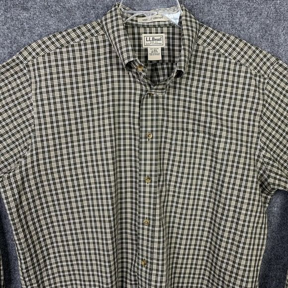 LL Bean Button Down Shirt Men L Green Ivory Check Plaid Long Sleeve No Wrinkle - Picture 2 of 13